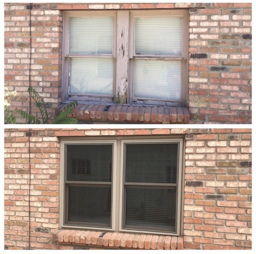 Before & After shot of single hung window installation Accent